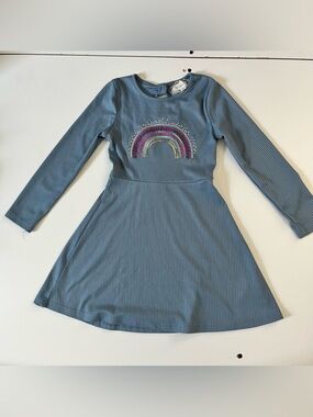 btween Blue Ribbed Dress with Multicolor Sequin Rainbow